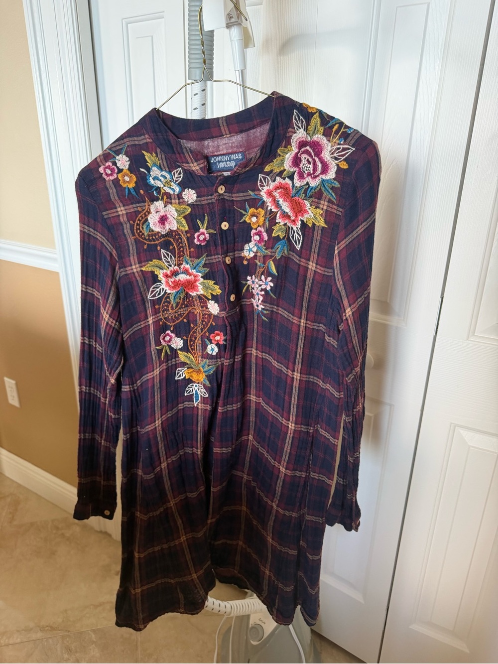 Johnny Was Navy Plaid Tunic with Multicolor Floral Embroidery